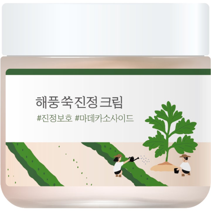 Round Lab mugwortkräm lugnande antiinflammatorisk ansiktskräm i beige burk med illustration av gröna blad.