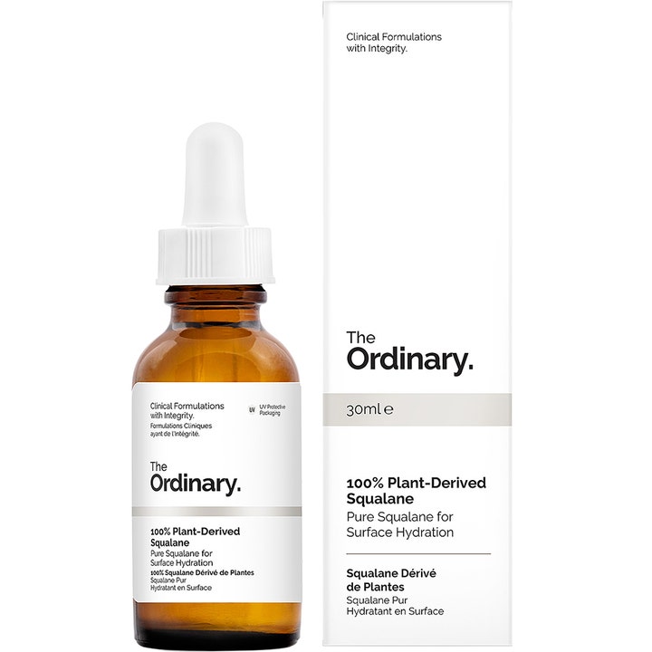 The Ordinary 100% Plant-Derived Squalane 30ml mjukgörande fuktserum ansiktsolja i brun glasflaska med vit pipett.