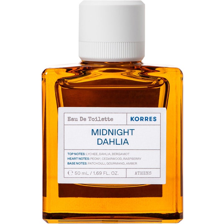 KORRES Midnight Dahlia 50 ml blommig patchouli parfym i bärnstensfärgad glasflaska med vitt lock