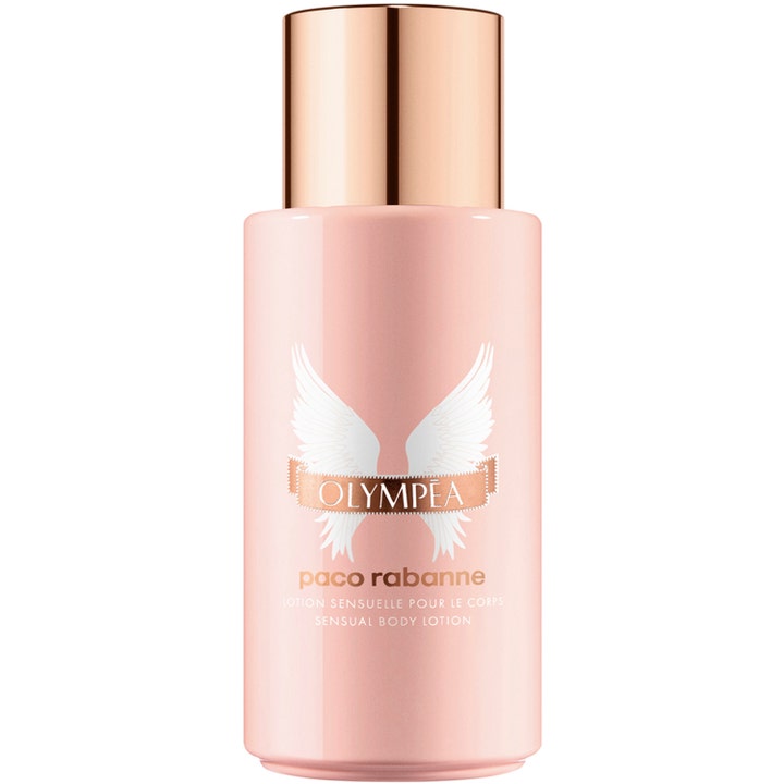 Paco Rabanne Olympéa Sensual Body Lotion återfuktande kroppslotion i ljusrosa flaska med vita vingar och glansig guldkork