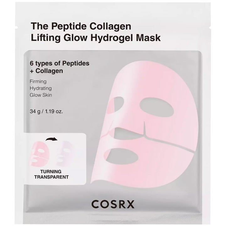 COSRX The Peptide Collagen Lifting Glow Hydrogel Mask 34 g ger lyster och fasthet med ljusrosa hydrogelmask i vit förpackning