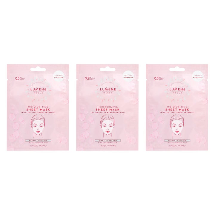 Lumene Hellä Moisturizing Sheet Mask 3-pack återfuktande ansiktsmasker i rosa förpackningar med hyaluronsyra.
