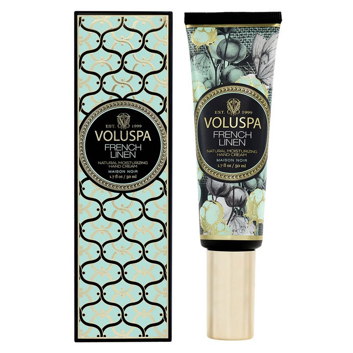 Voluspa French Linen 50 ml fuktgivande lyxlotion i mönstrad tub och ask med botaniska motiv och guldkork.
