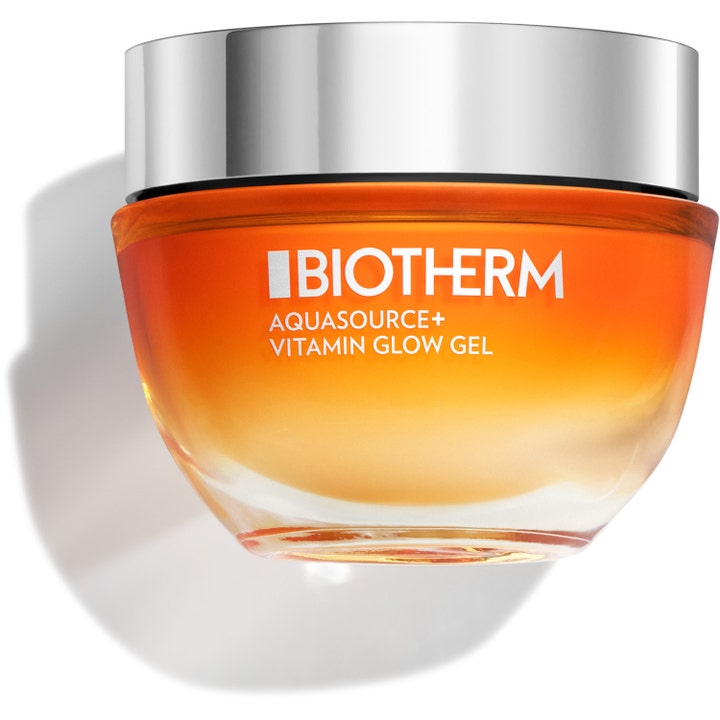Biotherm Aquasource+ Vitamin Glow Gel 50 ml lystergivande ansiktsgel i en rund orange glasburk med silverlock.