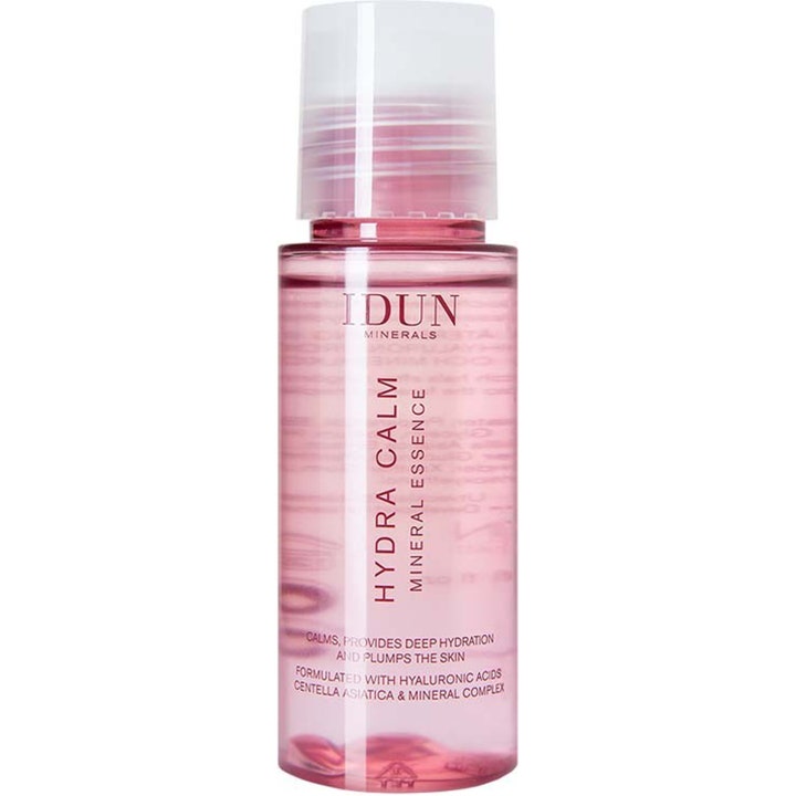 IDUN Minerals Hydra Calm Mineral Essence 100 ml lugnande ansiktsessens med hyaluronsyra i en rosa genomskinlig flaska