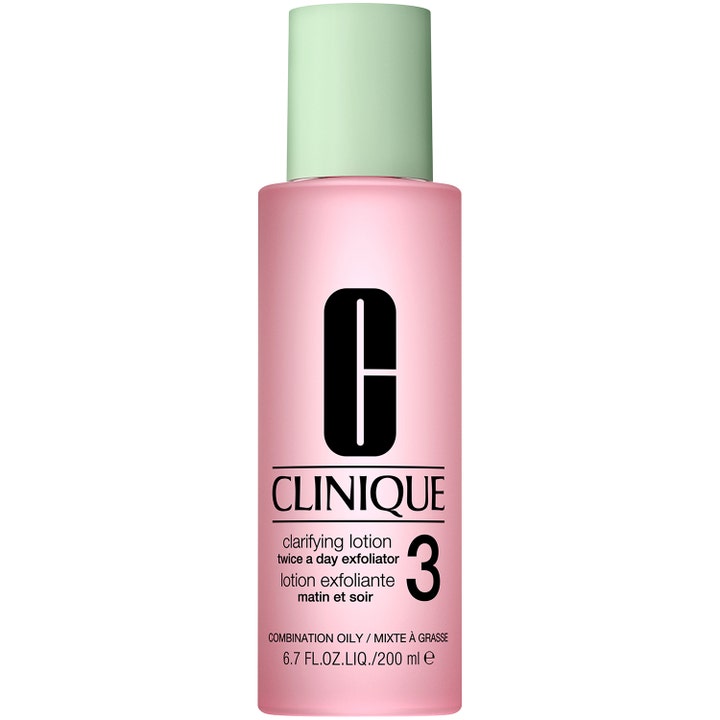 Clinique Clarifying Lotion 3 200 ml exfolierande ansiktsvatten i frostad rosa flaska med ljusgrönt lock för lyster.