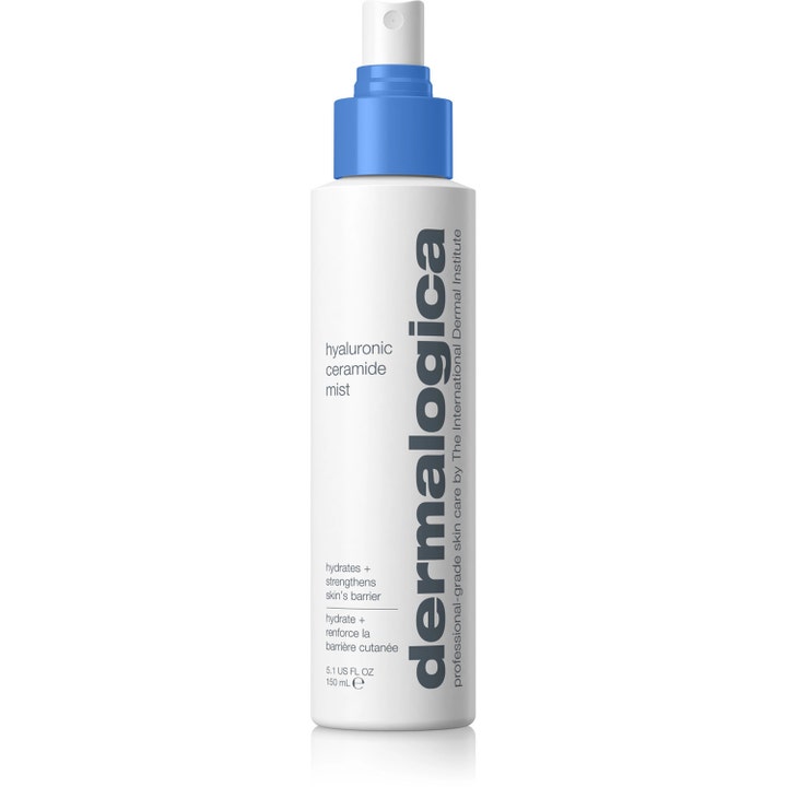Dermalogica Hyaluronic Ceramide Mist 150 ml återfuktande ceramid ansiktsspray för torr hud i vit flaska med blått lock.