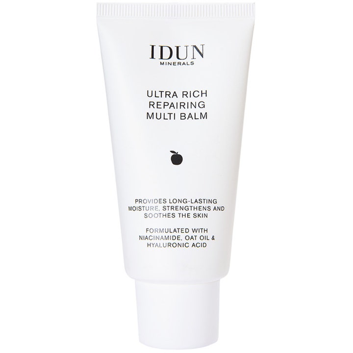 IDUN Minerals Ultra Rich Repairing Multi Balm fukt balm i vit tub med hyaluronsyra hudvård havreolja som reparerar huden