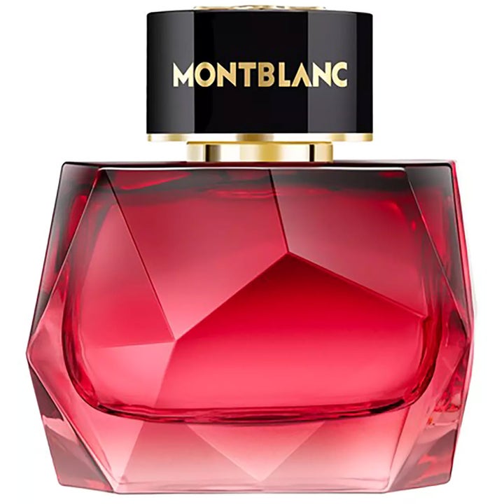 Montblanc Signature Elixir Eau de Parfum 50 ml parfym i en facetterad röd glasflaska med svart kork och gulddetaljer