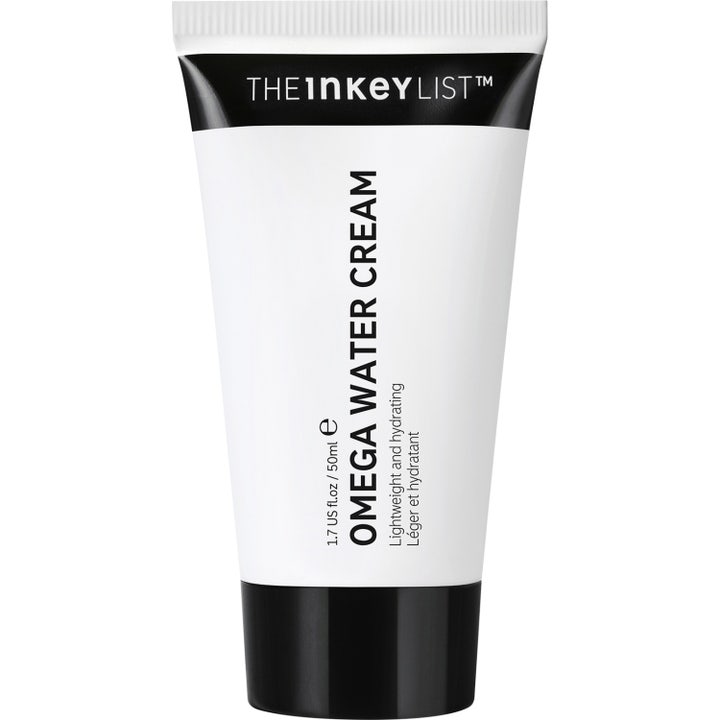 The Inkey List Omega Water Cream 50 ml fuktgivande vattenkräm för känslig hud i vit tub med svart lock.