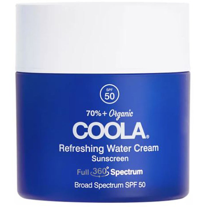 COOLA Refreshing Water Cream SPF 50 återfuktande solskydd i en matt blå burk med vitt lock