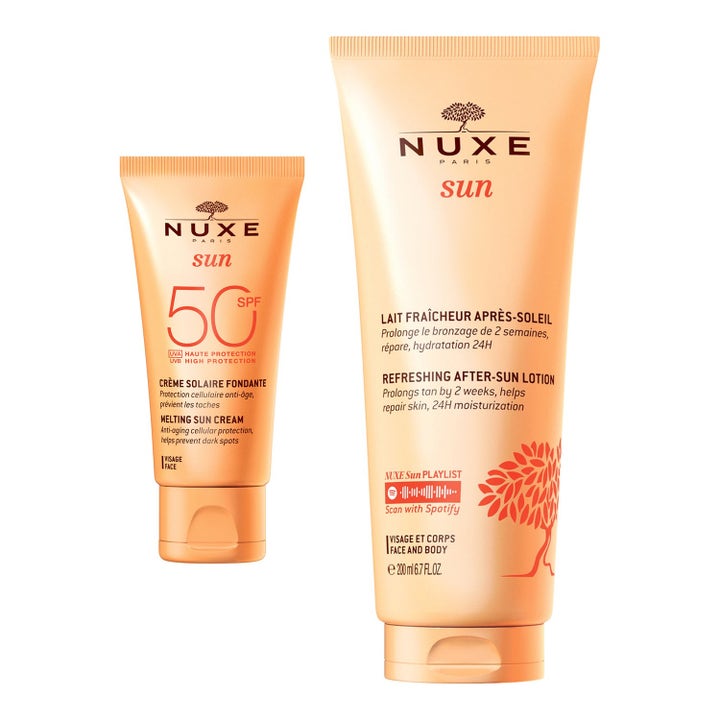 Nuxe Sun After-Sun Lotion 200ml och Melting Cream SPF 50 är återfuktande solskydd i två skimrande guldfärgade tuber.