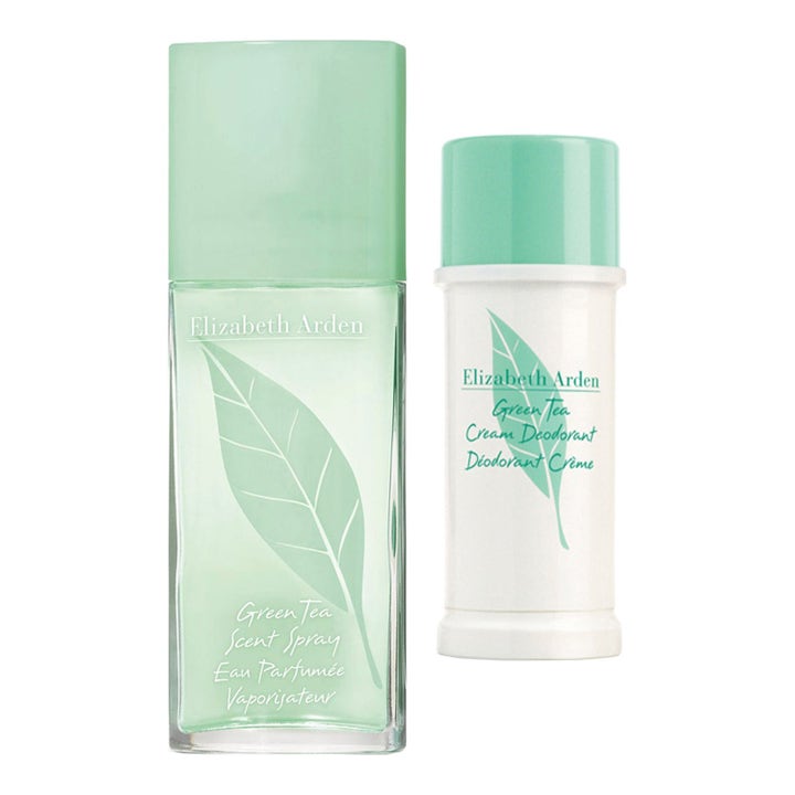 Elizabeth Arden Green Tea doftset med uppfriskande parfym och deodorantkräm i ljusgröna förpackningar med bladmotiv.