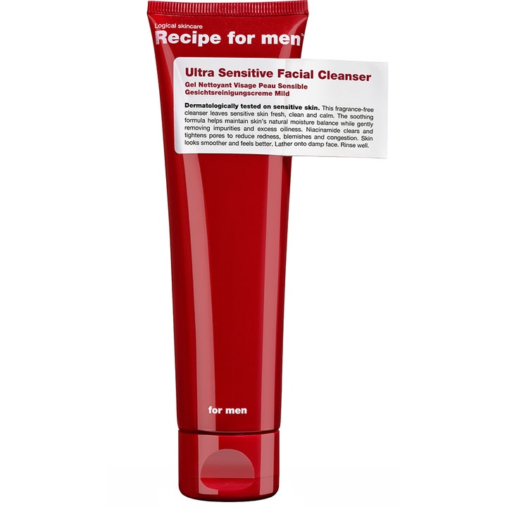Recipe for men Ultra Sensitive Facial Cleanser ansiktsrengöring känslig hud män lugnar huden i en röd tub.