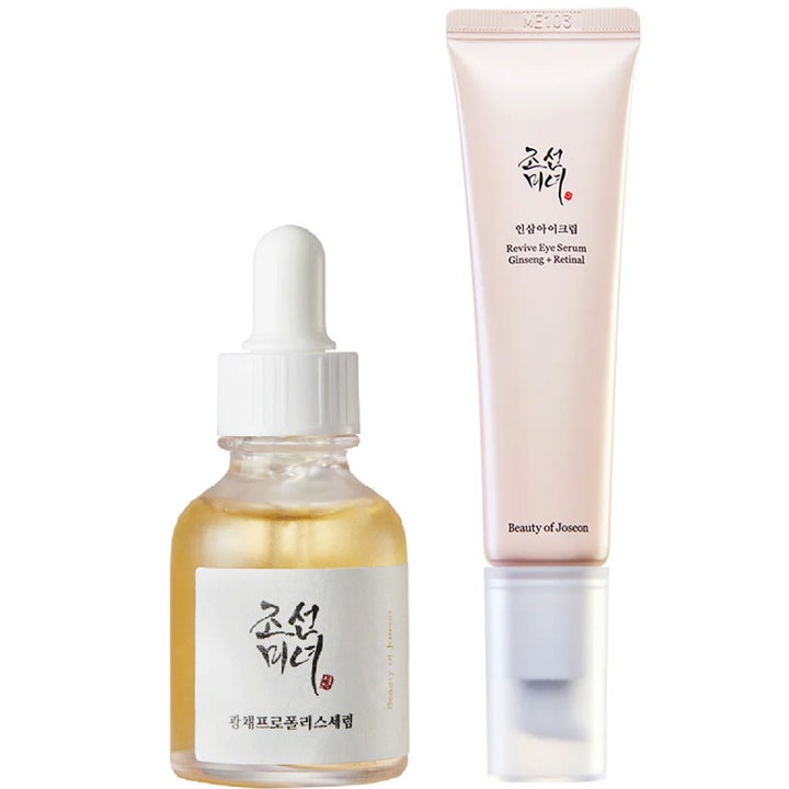 Beauty of Joseon Duo Set med Glow Serum 30 ml och Revive Eye Serum 30 ml i glasflaska och tub som ger lyster.