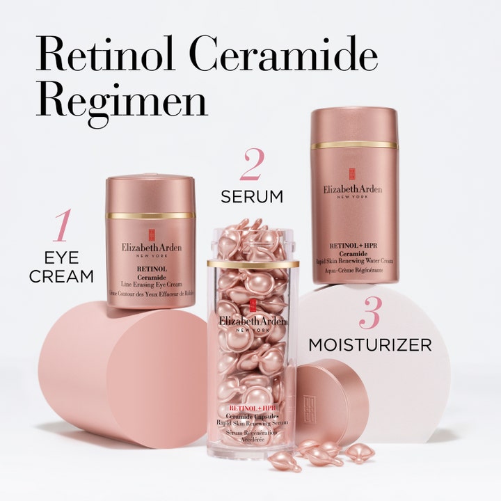Elizabeth Arden Ceramide Capsules Retinol + HPR Serum 60 st hudförnyande retinol serum i klar burk visas i en komplett rutin.