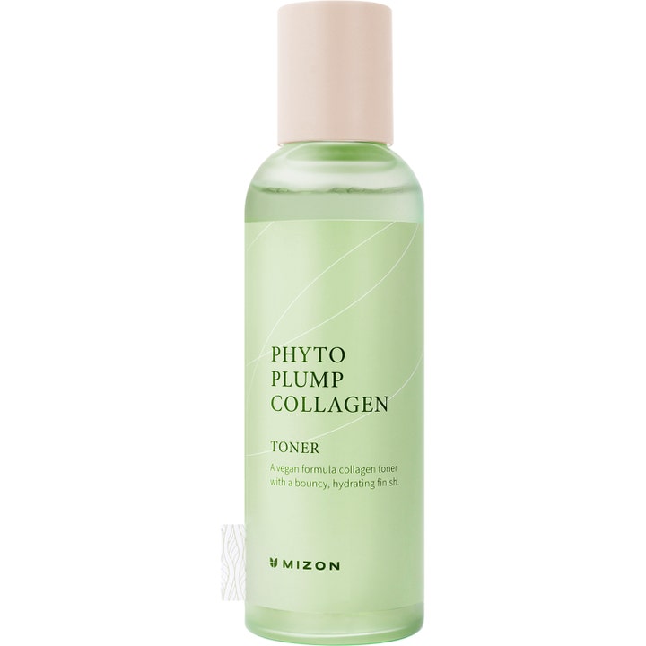 Mizon Phyto Plump Collagen Toner 150ml återfuktande ansiktsvatten för spänst i en ljusgrön flaska med beige lock