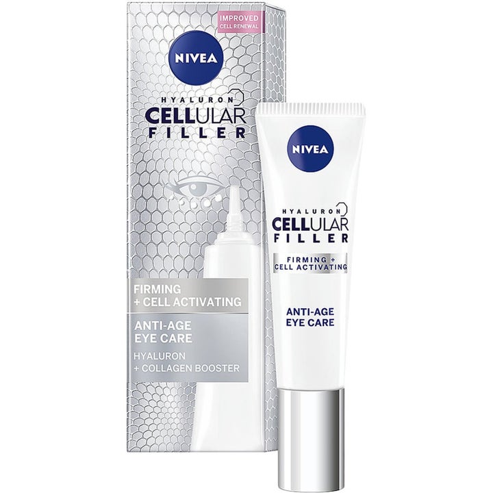 Nivea Hyaluron Cellular Filler 15 ml ögonkräm i vit tub med silverkork och matchande ytterkartong