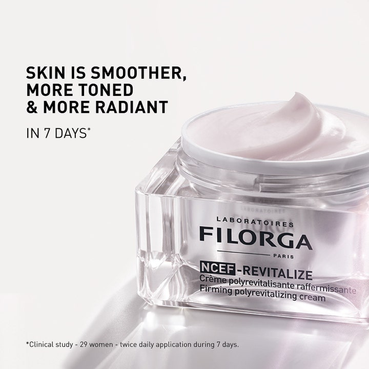 Filorga NCEF-Revitalize Cream 50 ml ansiktskräm med anti age effekt i glasburk med ljusrosa krämig textur