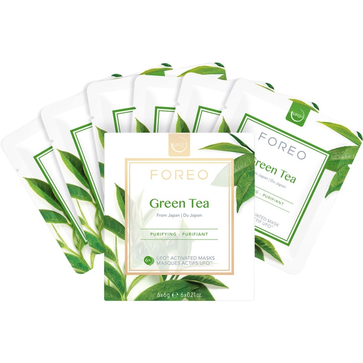 FOREO UFO Mask Green Tea 36g anti-inflammation grönt te mask i sex vita portionsförpackningar med motiv av blad.