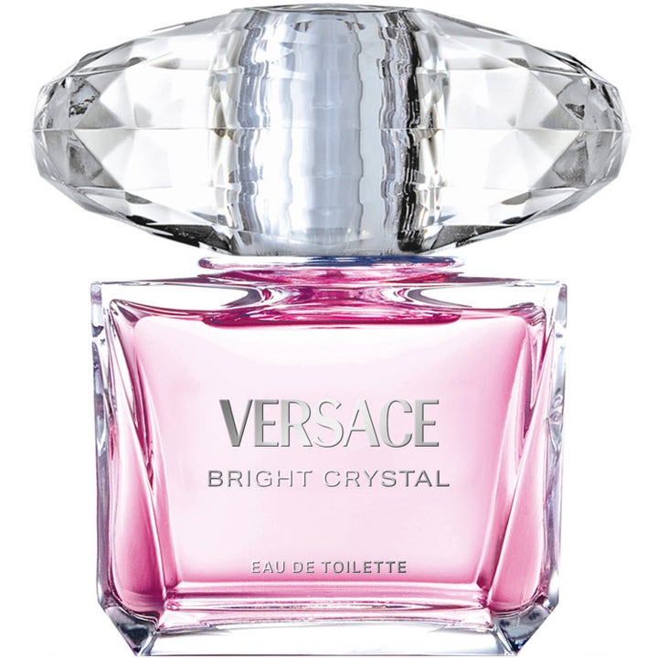 Versace Bright Crystal 90 ml damparfym i en fyrkantig glasflaska med rosa vätska och en stor kristalliknande kork