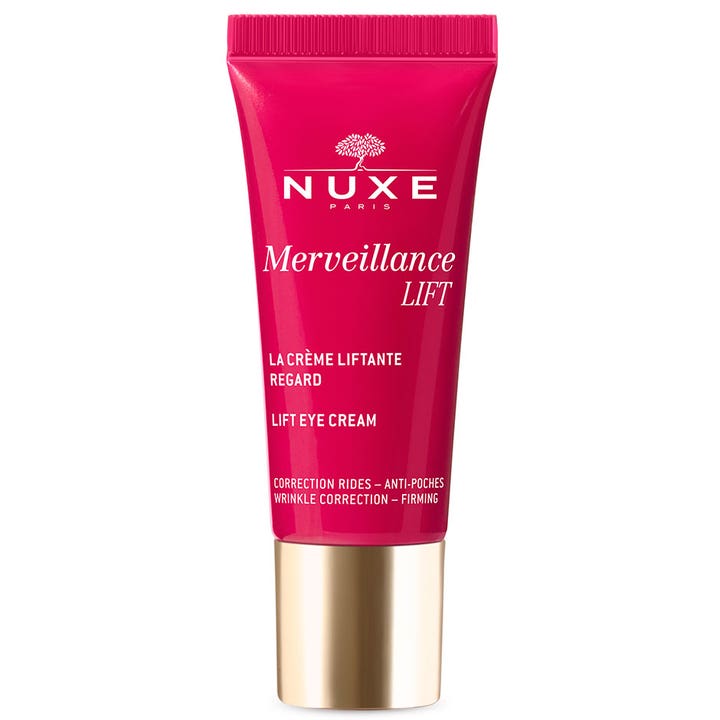 Nuxe Merveillance Lift 15 ml fast ögonkräm mot påsar i en hallonrosa tub försedd med en lyxig guldhylsa.