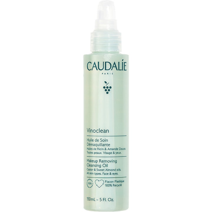 Caudalie Vinoclean Sminkborttagning Oljerengöring 150 ml är en oljerengöring alla hudtyper i en ljusgrön pumpflaska.