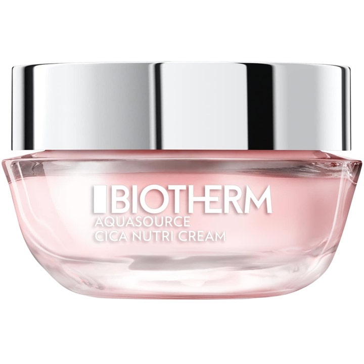 Biotherm Aquasource Cica Nutri Cream närande ansiktskräm i en ljusrosa glasburk med ett glansigt silverlock