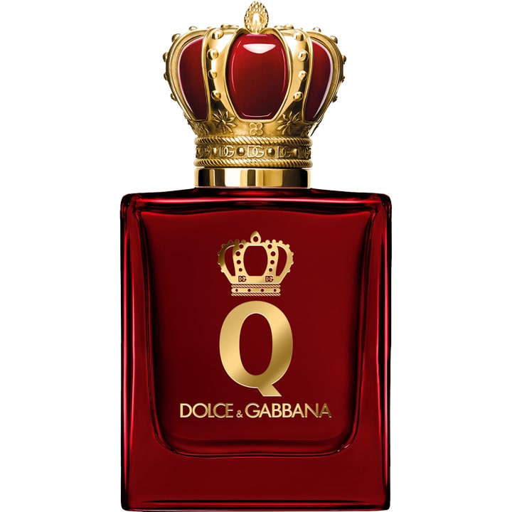 Dolce & Gabbana Q Parfum 50ml intensiv parfym i en mörkröd glasflaska med en guldfärgad kork formad som en krona