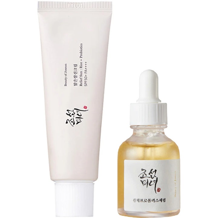 Beauty of Joseon Relief Sun 50ml och Glow Serum 30ml ger lyster och solskydd i vit plasttub och glasflaska med pipett.