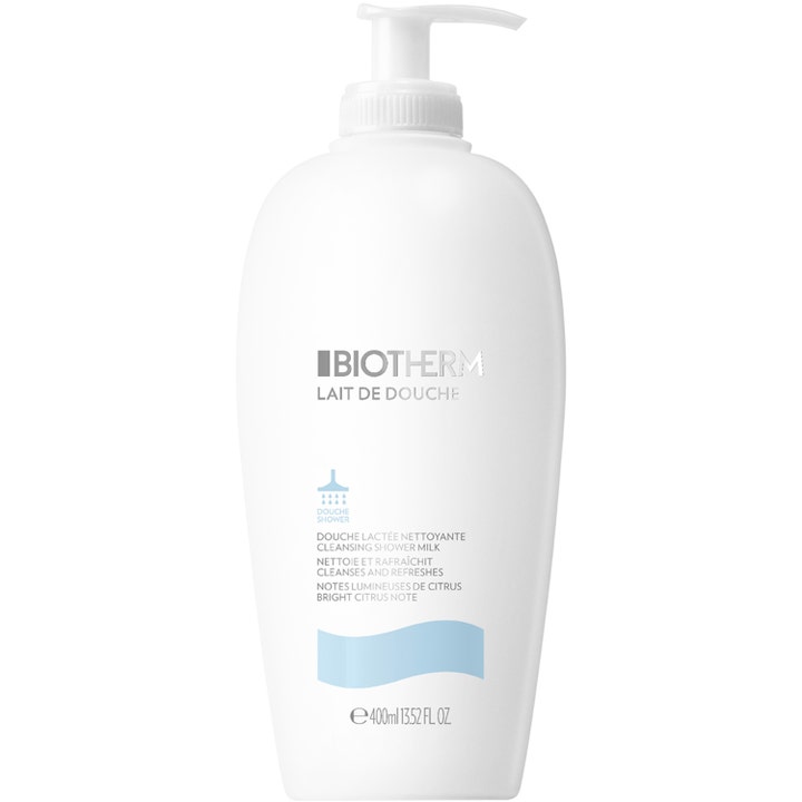 Biotherm Lait de Douche 400 ml duschmjölk för daglig användning ger mjuk hud i vit pumpflaska med blå detaljer