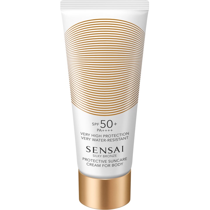Sensai Silky Bronze Protective Suncare Cream SPF 50+ vattentålig solkräm för solskydd kropp i vit tub med guldlock