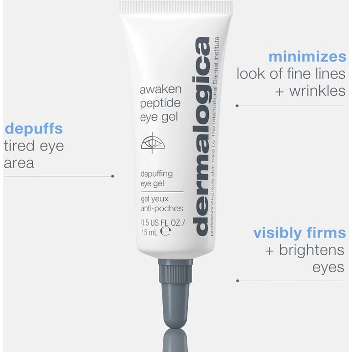 Dermalogica Awaken Peptide Eye Gel 15 ml ögonkräm som dämpar svullnad och ger fasthet i vit tub.