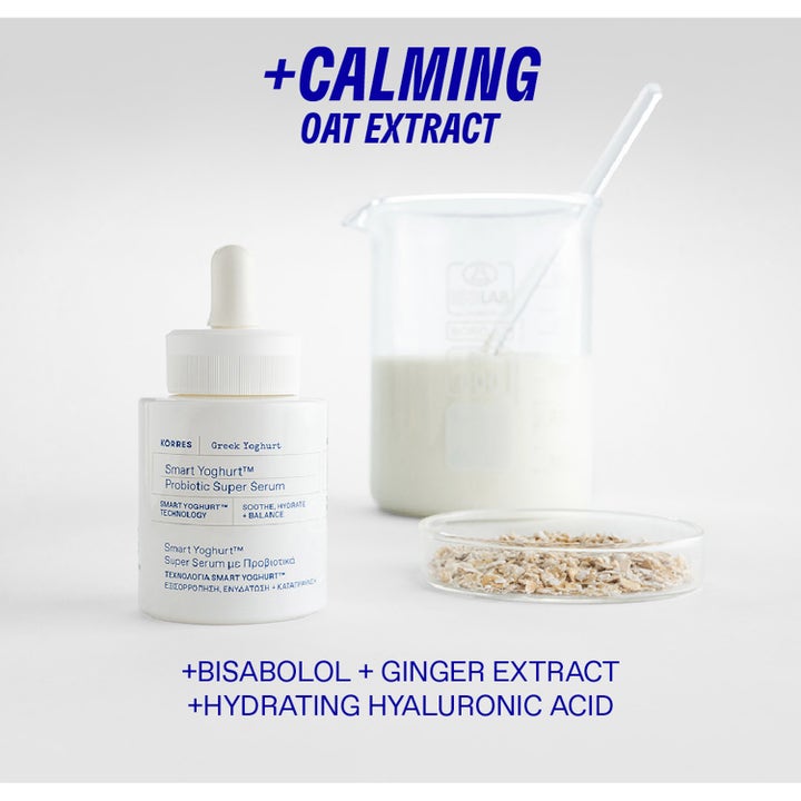 KORRES Smart Yoghurt Probiotic Super Serum 30 ml lugnande ansiktsserum bredvid havre och bägare