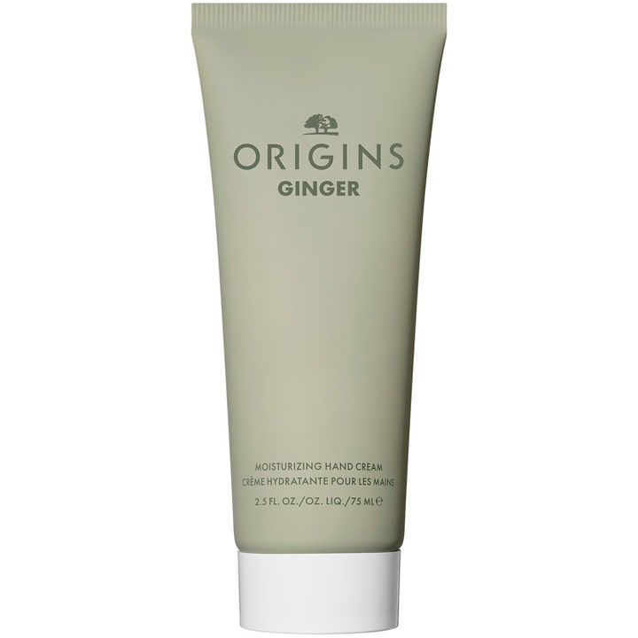 Origins Ginger 75 ml lugnande ingefära handkräm som återfuktar i en matt olivgrön tub med vit kork.