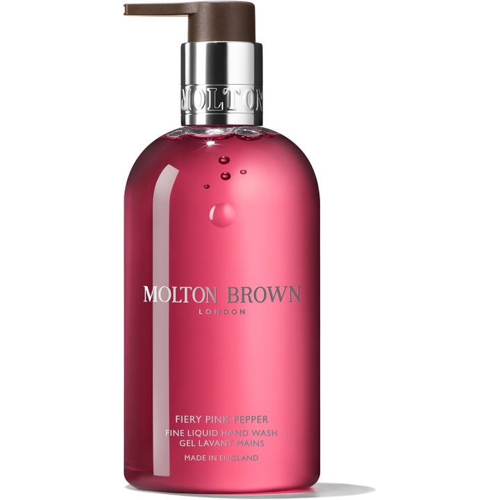 Molton Brown Fiery Pink Pepper 300 ml lyxig handtvål pump med rosépeppar i rosa flaska med elegant silverkork