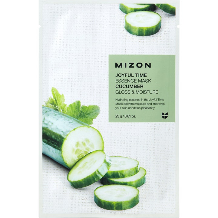 Mizon Joyful Time Essence Mask Cucumber 23 g återfuktande gurkmask ger lyster i vit sachet prydd med färska gurkskivor