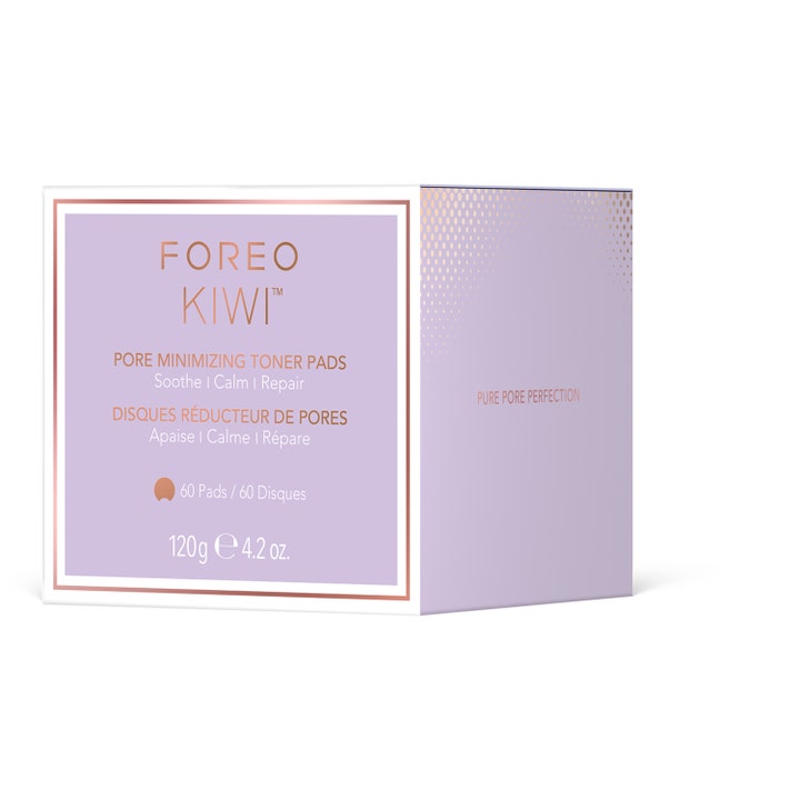 Foreo KIWI Pore Minimizing Toner Pads 60 st lugnande ansiktsvård i lila box som hjälper till att minska porer.