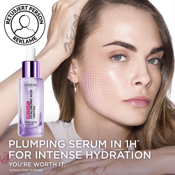 L'Oréal Paris Revitalift Filler hyaluronsyra 1.5% serum och Laser retinolserum i en jämförande tabell för hudvård.