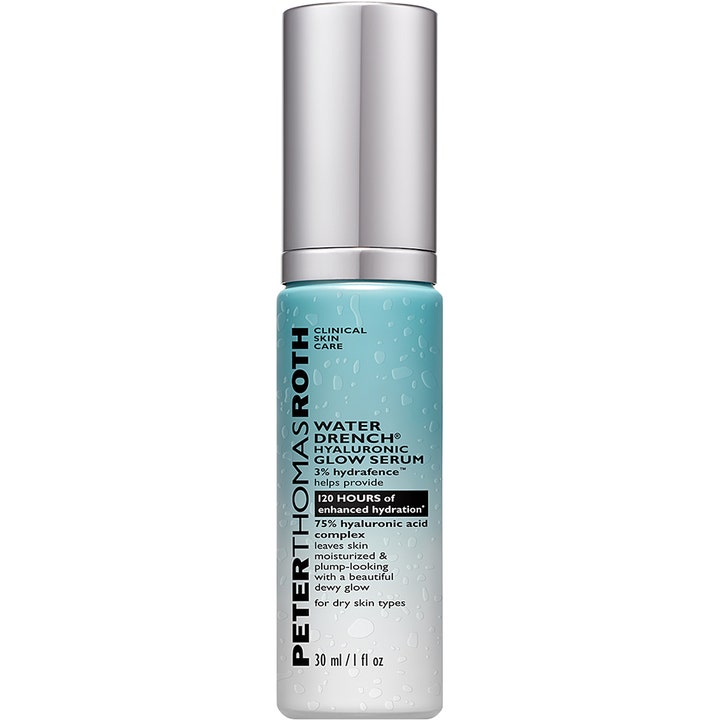 Peter Thomas Roth Water Drench Hyaluronic Glow Serum 30 ml hyaluronsyra för torr hud i blå flaska med silverkork