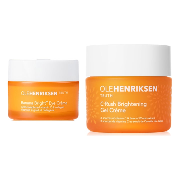 Ole Henriksen Truth C-Rush Gel-Crème och Banana Bright+ Eye Crème ger lyster i två orangea burkar med vita lock.