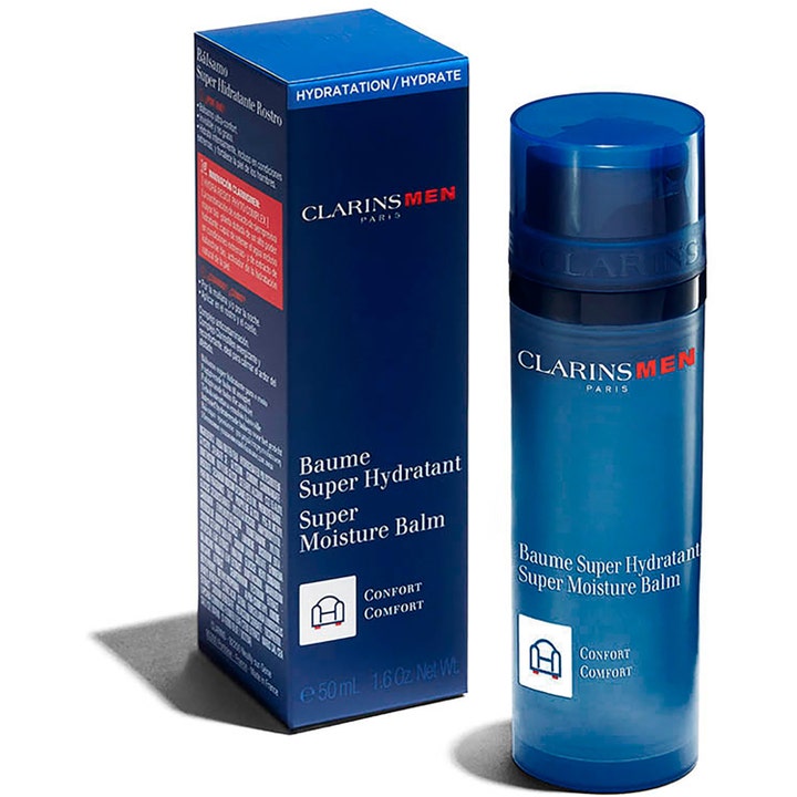 Clarins Men Super Moisture Balm 50 ml återfuktande ansiktskräm i blå pumpflaska och matchande mörkblå förpackning