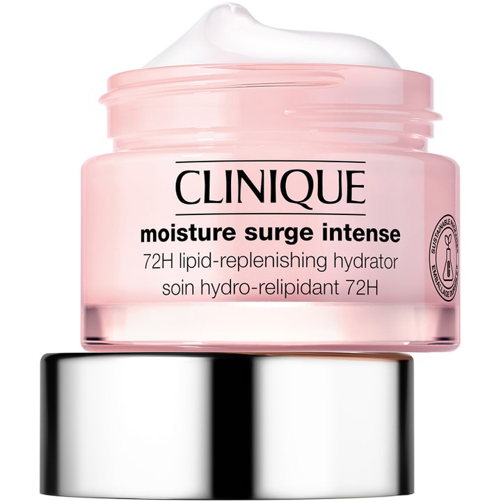 Clinique Moisture Surge Intense 50 ml återfuktande ansiktskräm i rosa glasburk med krämig vit textur