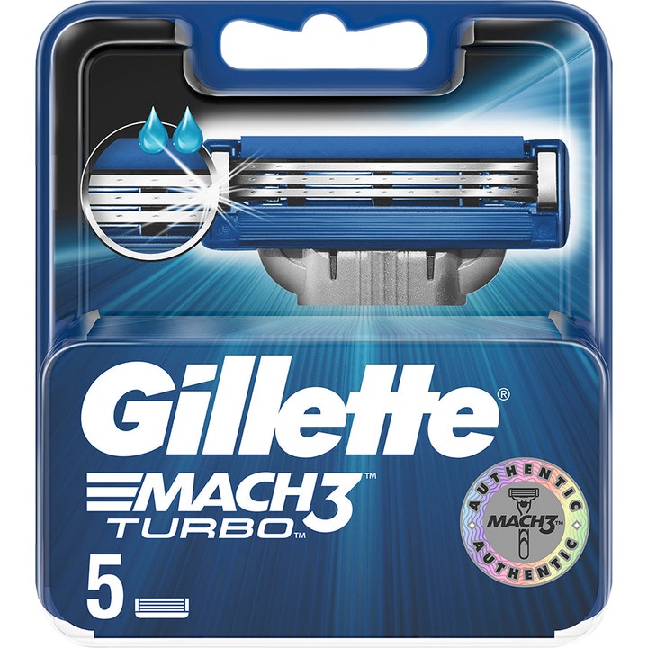 Gillette Mach3 Turbo 5-pack rakblad som ger en nära rakning i blå plastförpackning med detalj på de tre skären.