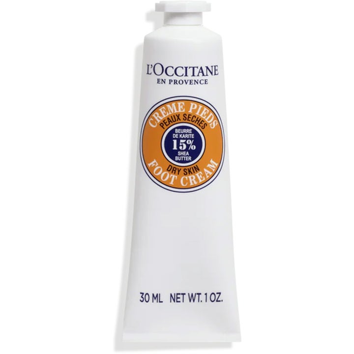 L'Occitane Shea Butter Foot Cream 30 ml mjukgörande fotkräm med 15% sheasmör kräm i vit tub med blå och orange rund logga