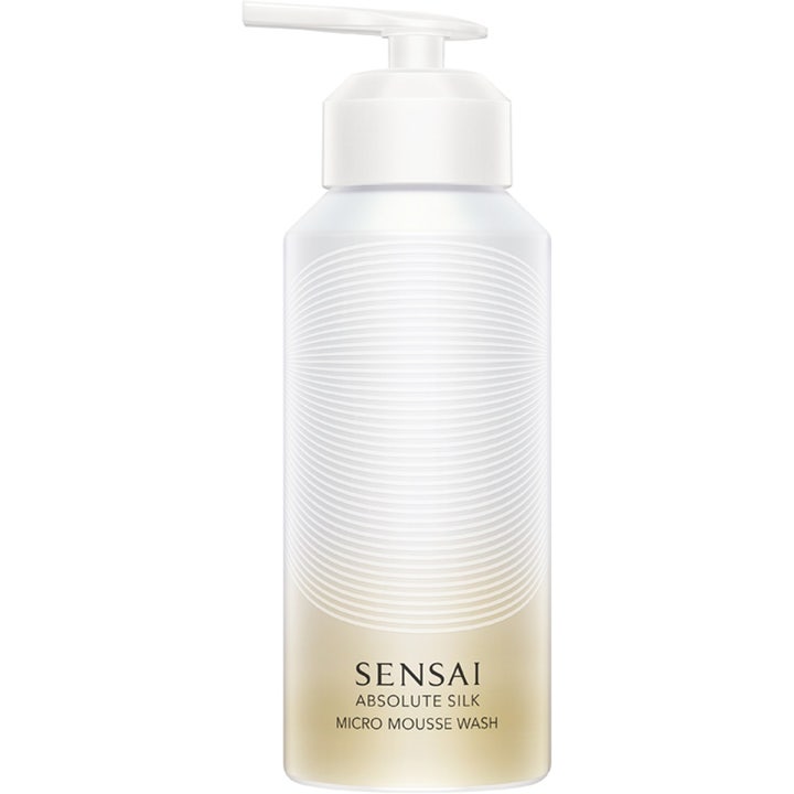Sensai Absolute Silk Micro Mousse Wash ansiktsrengöring mousse med mikrobubblor i vit pumpflaska med guldbeige mönster.