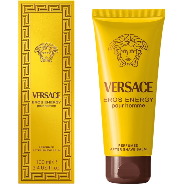 Versace Eros Energy 100 ml aftershave rakbalsam i gul tub och guldbox med ikonisk Medusa-logga.