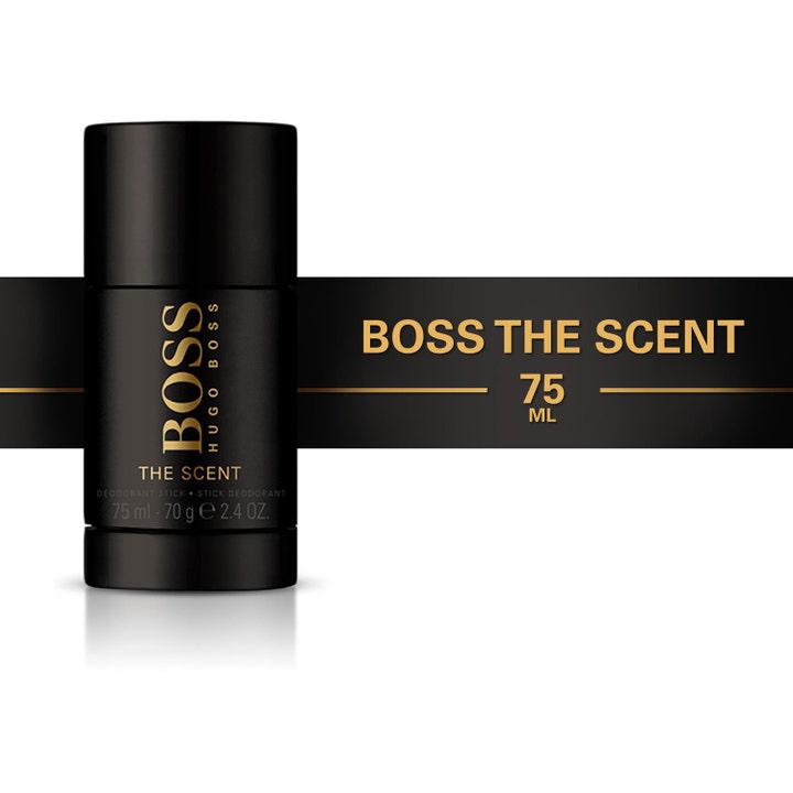 Hugo Boss Boss The Scent Deostick 75 ml herrdeodorant ger fräschör i en elegant svart förpackning med gulddetaljer.
