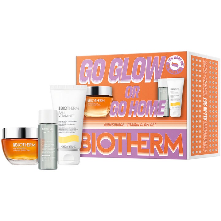 Biotherm Aquasource Vitamin Glow Set hudvårdskit som ger lyster i orange och lila presentförpackning.