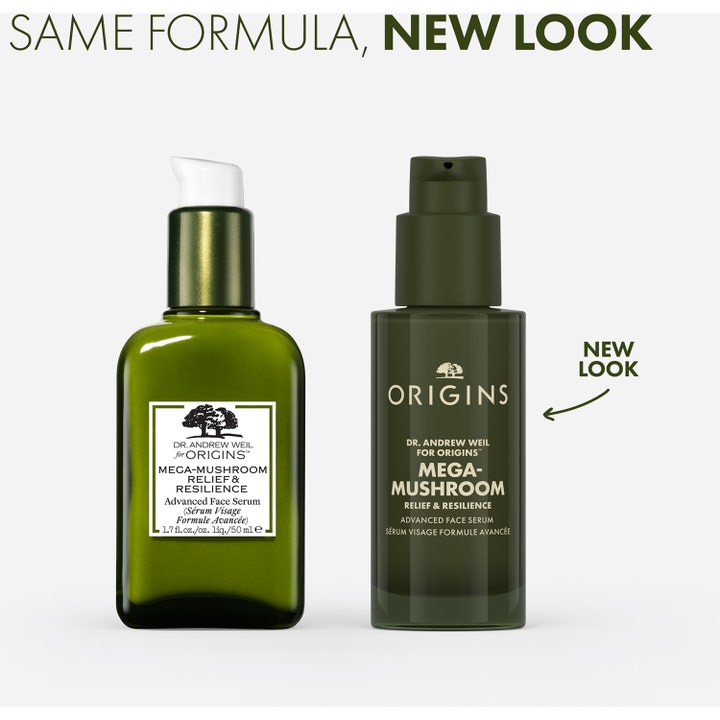 Origins Mega-Mushroom Face Serum 50 ml lugnande ansiktsserum som visar den gamla flaskan bredvid den nya mörkgröna designen.